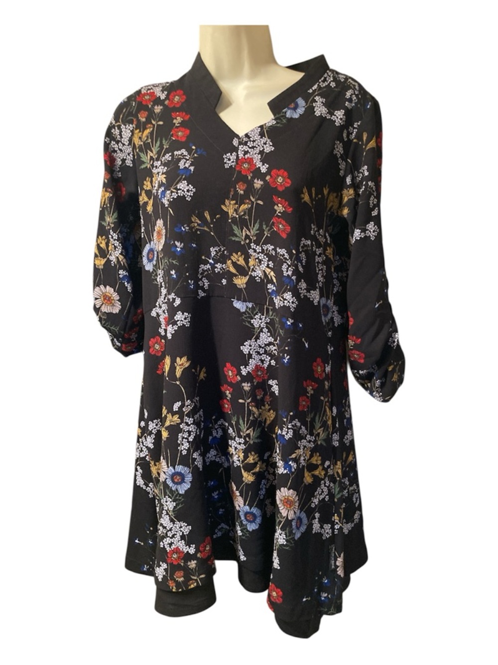 Floral Notch-Neck Black Tunic Dress